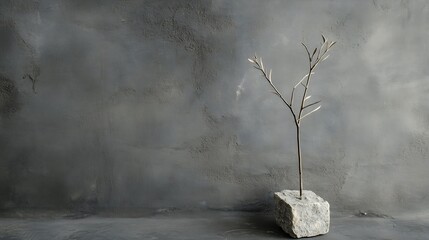 Aufkleber - Minimalist artistic composition featuring a lone branch in a stone base against a textured background : Generative AI