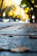 Poster - Autumn street view with shallow depth of field showcasing fallen leaves on pavement : Generative AI