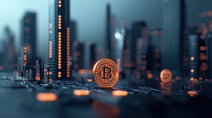 Wall Mural - a futuristic cityscape with holographic projections of cryptocurrency symbols and blockchain diagram