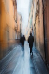 Fototapete - Blurred motion of two silhouettes walking down a narrow street showcasing a dynamic urban atmosphere : Generative AI