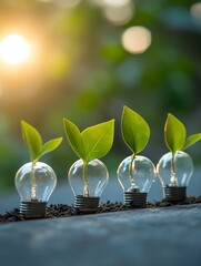 Leinwandbilder - Innovative green concept featuring sprouts growing from light bulbs symbolizing sustainability and eco-friendliness : Generative AI