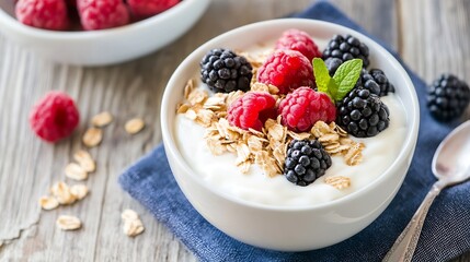 Poster - Healthy Yogurt Bowl with Fresh Berries and Granola in Bright Setting : Generative AI