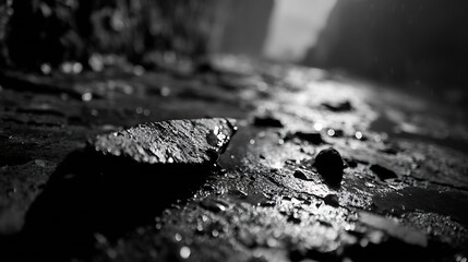 Aufkleber - Mysterious stone path with glistening water droplets in black and white : Generative AI