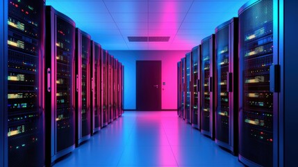 Wall Mural - a server room with rows of glowing servers and network equipment, highlighting the physical infrastr