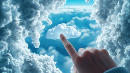 Wall Mural - a hand reaching out to touch a holographic projection of a cloud, symbolizing the intangible nature 