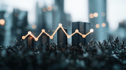 Wall Mural - a cityscape panorama at night with glowing charts and graphs superimposed, representing the role of 