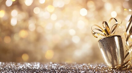 Poster - Festive Golden Present Wrapped with Shiny Ribbon on a Sparkling Bokeh Background : Generative AI