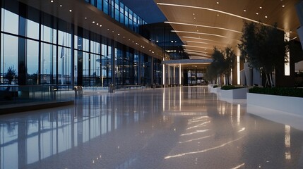 Canvas Print - Spacious Modern Lobby Design with Floor to Ceiling Windows and Elegant Lighting : Generative AI