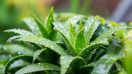 Poster - Lush green aloe vera plant leaves glistening with rain droplets in a vibrant garden setting : Generative AI