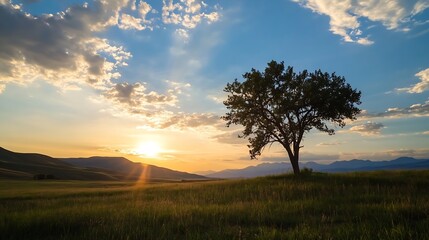 Fototapete - Majestic Tree Silhouette Against a Stunning Sunset Over Rolling Hills : Generative AI