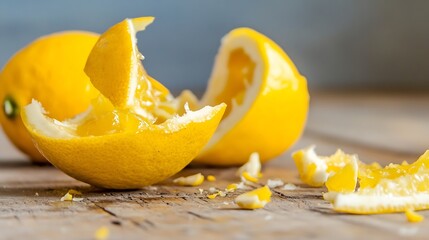 Aufkleber - Broken lemon peel with inner fruit showcasing vibrant colors and textures on wooden background : Generative AI