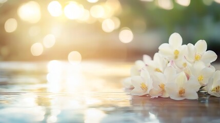 Wall Mural - Aesthetic closeup of white flowers floating on water with gentle sunlight creating a serene atmosphere : Generative AI