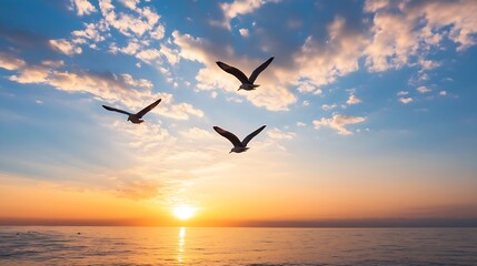 Wall Mural - Seagulls Flying Against a Stunning Sunset Over the Ocean : Generative AI