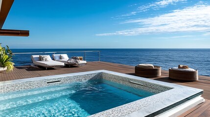 Wall Mural - Stunning outdoor infinity pool overlooking ocean with comfortable loungers under bright blue sky : Generative AI