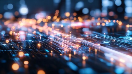 Fototapete - Futuristic glowing digital technology background with colorful bright lights and circuits representing innovation : Generative AI