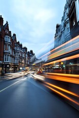 Wall Mural - Dynamic Cityscape at Twilight with Light Trails of Buses and Cars in London : Generative AI