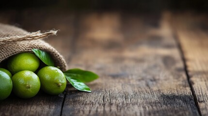Aufkleber - Fresh limes spilling out of burlap sack on wooden surface for vibrant food photography : Generative AI
