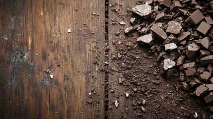 Aufkleber - Delicious Dark Chocolate Chunks and Shavings on Wooden Surface for Cooking and Baking : Generative AI