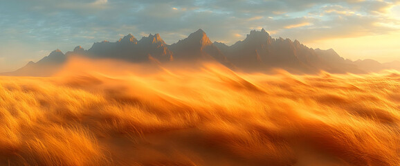 Canvas Print - Golden Wheat Field With Mountains At Sunrise