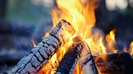 Aufkleber - Captivating Flames Erupting from a Charcoal Firewood in a Serene Outdoor Setting : Generative AI
