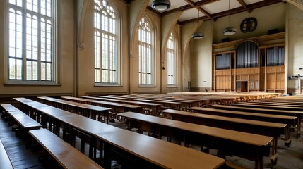 Leinwandbilder - Stunning airy classroom with wooden desks and large windows illuminating the architecture and creating a spacious atmosphere : Generative AI