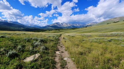 Canvas Print - Scenic Path Through Lush Green Meadow with Mountains Under Bright Blue Sky : Generative AI