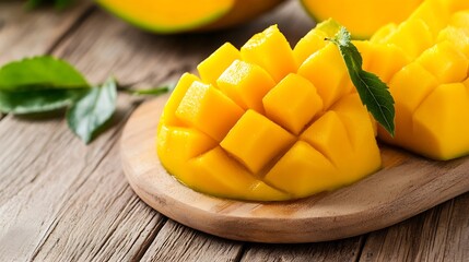 Poster - Freshly Cut Mango on Wooden Board with Lush Green Leaves : Generative AI