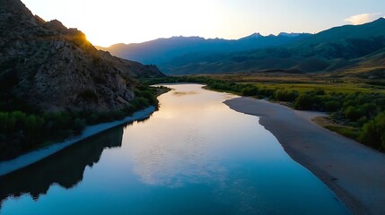 Canvas Print - Stunning Sunset Reflection Over a Calm River Surrounded by Majestic Mountains and Lush Greenery : Generative AI