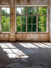 Aufkleber - Abandoned and Decaying Room Showcasing Vintage Windows and Rustic Architecture with Greenery Outside : Generative AI