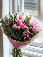 Poster - Stunning Bouquet of Pink Roses and Greenery Tied with Paper Resting by a Window : Generative AI
