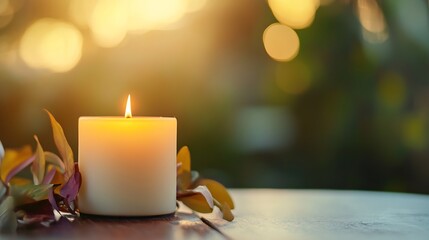 Poster - beautiful glowing candle lit in soft sunset light with greens in the background for relaxation and ambiance : Generative AI