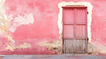 Poster - Charming vintage pink door on a rustic wall adding character to a colorful historic building : Generative AI