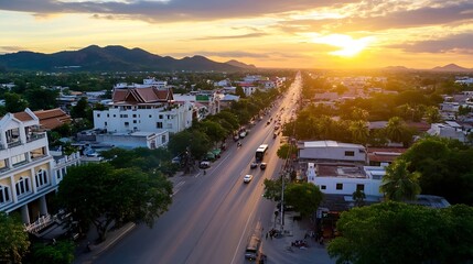 Canvas Print - Breathtaking sunset view over busy street with scenic mountains in the background : Generative AI