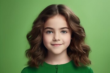 Portrait of beautiful little girl with long curly hair on green background