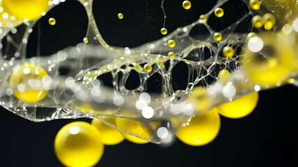 Close-up view of a web-like structure with suspended yellow droplets against a dark background