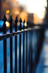 Poster - Elegant Black Wrought Iron Fence with Shallow Depth of Field Bokeh Background : Generative AI