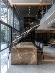 Canvas Print - Stylish Modern Dining Room Interior with Elegant Marble Table and Sleek Chairs against a Contemporary Backdrop : Generative AI