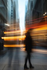 Fototapete - City lights blur creating a vibrant urban nightlife scene with figures moving in motion : Generative AI