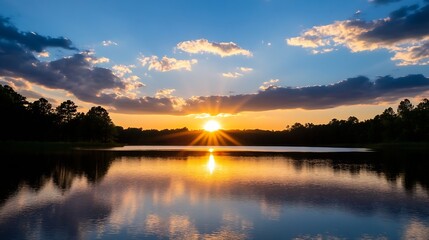 Wall Mural - Stunning sunset reflections on a tranquil lake with dramatic clouds lighting up the horizon : Generative AI