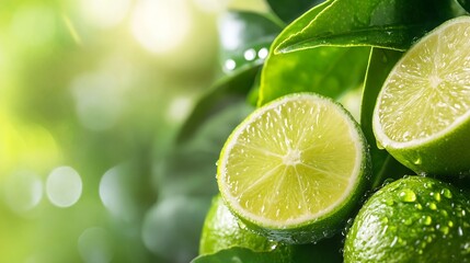 Poster - Fresh Limes Juicy Green Fruits Glistening in Natural Light on Vibrant Green Garden Background : Generative AI