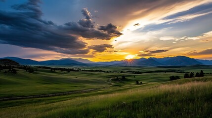 Canvas Print - Breathtaking Sunrise Over Rolling Hills and Vibrant Landscape Showcasing Nature's Beauty : Generative AI