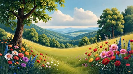 Fototapete - A beautiful landscape with a tree in the foreground and a field of flowers in the background. The flowers are of various colors, including red, yellow, and purple