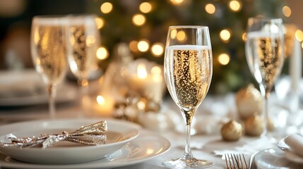 Poster - Elegant Champagne Toast at a Festively Decorated Table with Twinkling Lights : Generative AI