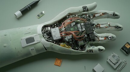 Fototapete - A close up view of a cyborg s partially opened forearm exposing the intricate wiring microprocessors and synthetic skin that comprise the advanced robotic technology beneath the surface