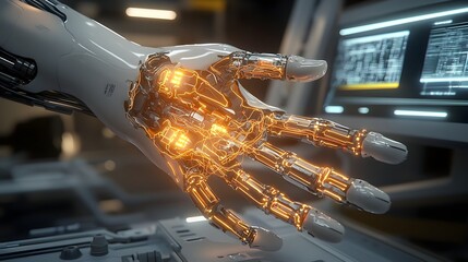 Fototapete - A close up view showcasing the intricate mechanical structure and glowing circuits of a cyborg hand