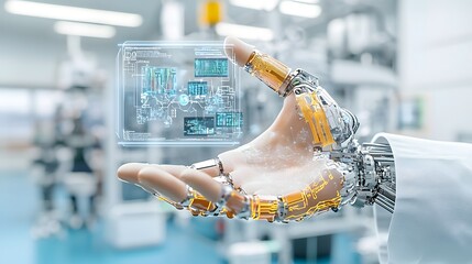 Fototapete - A detailed close up shot of a cyborg or robotic hand holding a holographic data display showcasing the intricate mechanical joints and systems interacting with digital data streams and visualizations
