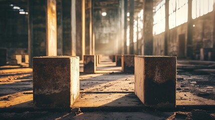 Aufkleber - Sunlit Interior of an Abandoned Factory Showing Dusty Concrete Blocks in the Morning Light : Generative AI