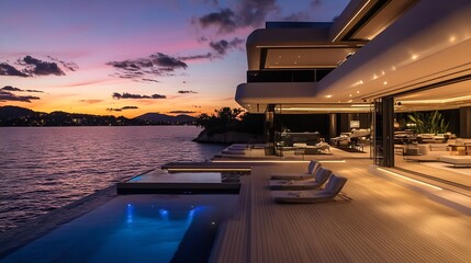 Aufkleber - Stylish Modern Luxury Villa by the Water with Stunning Sunset View : Generative AI