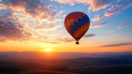 Canvas Print - Hot Air Balloon Glowing in the Sunset Sky Over a Scenic Landscape with Vibrant Colors : Generative AI