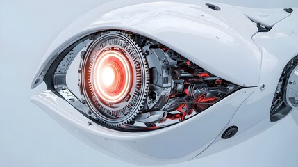 Fototapete - A photo showcasing the intricate details of a cyborg eye with exposed gears and a rotating that emits a soft neon glow representing the convergence of technology and the human form